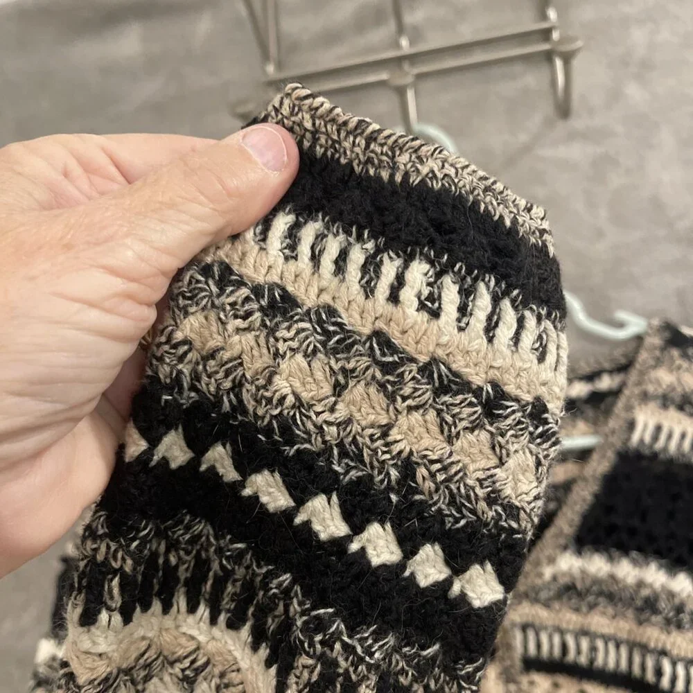 Vtg  Christopher & Banks Hand Knit Cardigan Sweater Women’s M Black, White & Tan